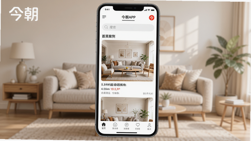 今朝APP主界面预览图,显示首页装修案例流、顶部搜索栏和底部导航栏,背景柔和的居家色调,画面清晰明亮,整体风格现代简约,突出今朝品牌logo