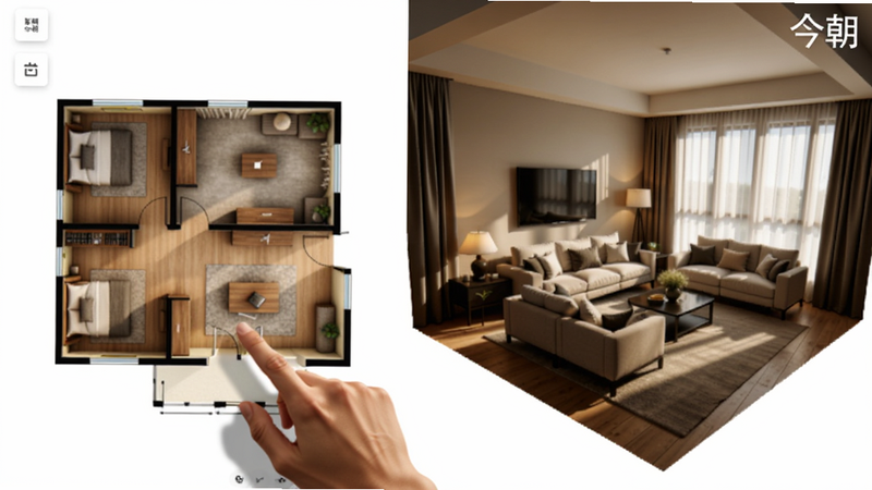 今朝智能3D云设计界面,左侧户型图,右侧3D模型,用户手指拖拽沙发位置,画面有光线追踪效果,色调温馨,展示现代客厅装修风格,软件名称今朝出现在右上角