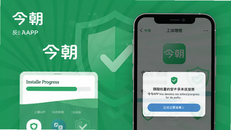 今朝APP安装步骤示意图,手机屏幕显示安装进度条和权限请求弹窗,背景有绿色安全图标,画面简洁明了,突出“今朝”logo