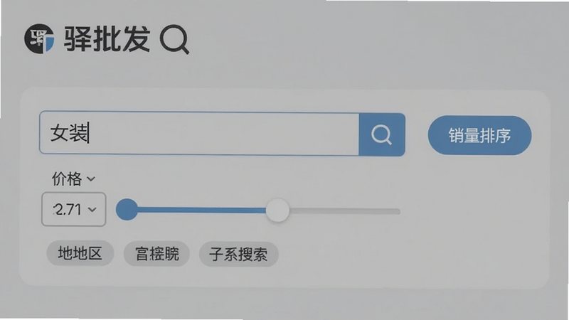 展示驿批发智能搜索界面,搜索框输入“女装”,下方出现价格筛选滑块和地区标签,右侧有销量排序按钮,背景为柔和灰色,包含驿批发字样和搜索图标。