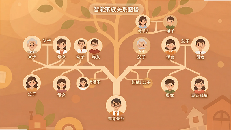 亲戚朋友家智能家族关系图谱界面,中心为家谱树,节点为家庭成员头像,连线标注关系如父子、母女,背景柔和暖色调,扁平化设计,清晰展示三代关系。