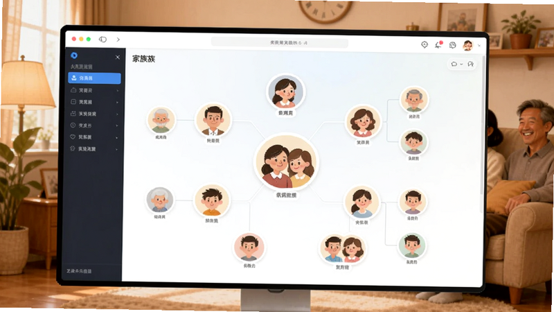 展示亲戚朋友家软件界面,主界面为家族关系图谱,背景温馨家庭氛围,坐标居中,有家庭成员头像和连线,风格清新插画,适配Boogu模型生成。