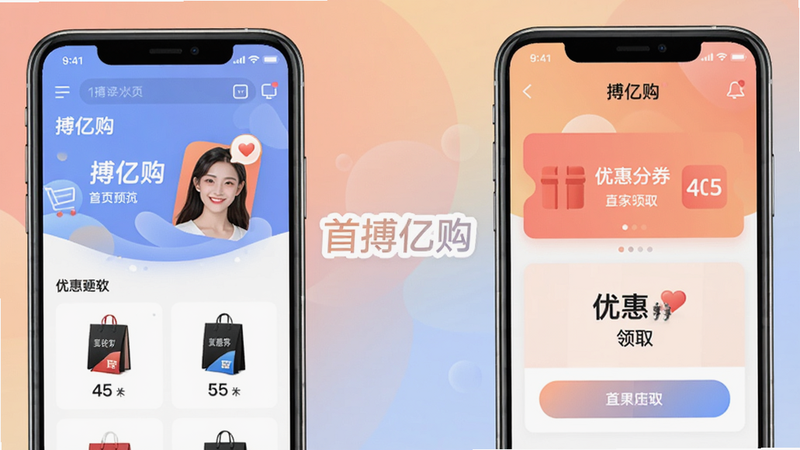 搏亿购 app 首页预览图 展示购物界面与优惠券领取页面 背景为柔和渐变色 软件名称搏亿购居中显示
