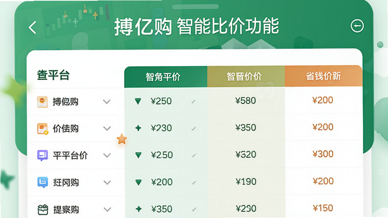 搏亿购 智能比价功能截图 显示多平台价格对比列表 界面清晰 绿色调 突出省钱效果