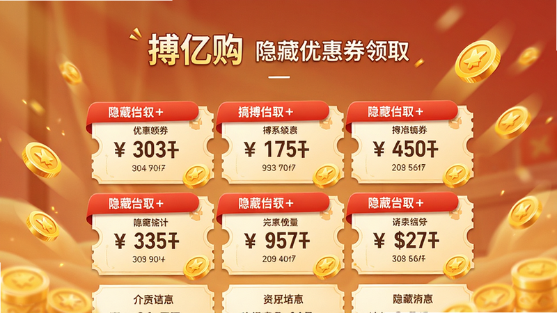 搏亿购 隐藏优惠券领取页面 显示大量折扣券 红色标签 金币动画 背景温暖