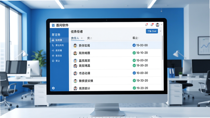 首问软件主界面展示,画面中心是一个清晰的任务列表,每项任务标注责任人姓名和截止日期,背景为简洁的现代办公室,色调蓝白,强调高效与责任。