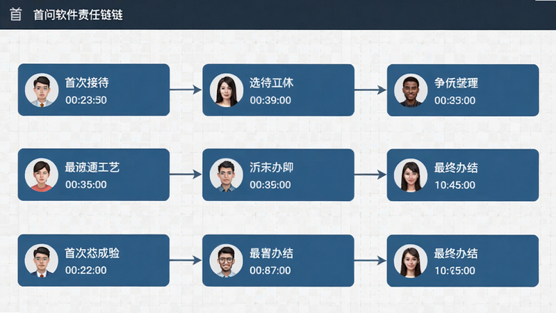 首问软件责任链界面截图,显示从首次接待到最终办结的流程节点,每个节点有用户头像和时间戳,背景为淡灰色网格。