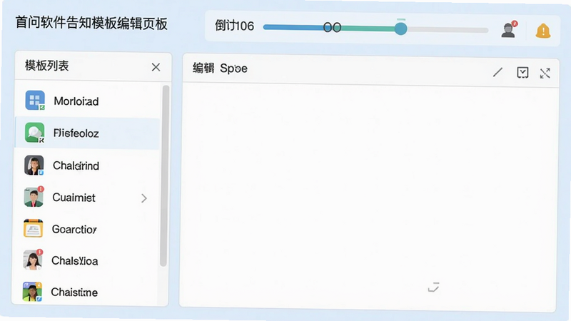 首问软件告知模板编辑页面,左侧为模板列表,右侧为编辑区域,顶部有倒计时进度条和提醒图标,背景为浅蓝色。