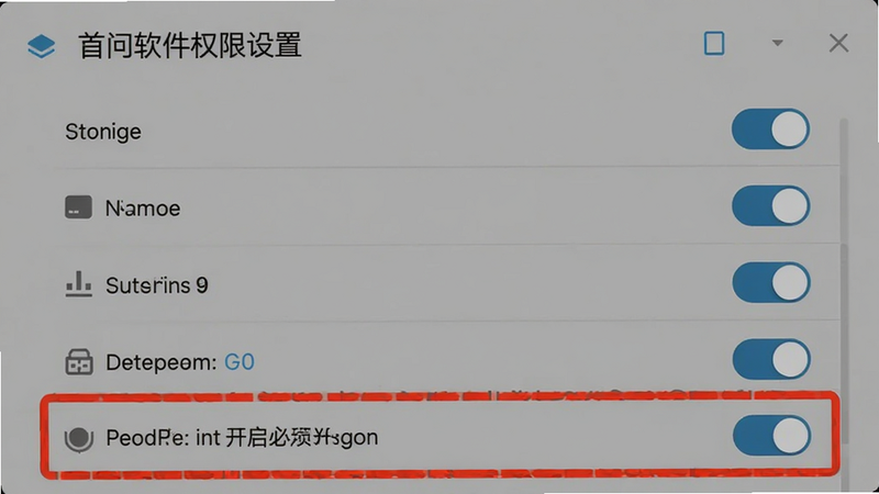 首问软件权限设置界面,显示存储、通知、悬浮窗等开关,背景为系统设置风格,强调必须开启的选项用红色框标注。