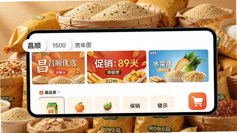 昌顺优选app主界面展示,屏幕上有商品分类、促销广告和购物车图标,背景为暖色粮油产品堆叠,设计简洁明亮,适配Boogu模型