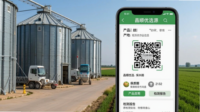 昌顺优选正品溯源功能截图,手机屏幕显示扫码后的产品详细信息页面,包含产地、保质期、检测报告,背景是粮仓和农田,色彩自然清晰