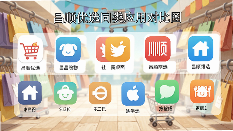 昌顺优选同类应用对比图,显示多款购物APP图标排列,背景为购物场景,色彩明亮