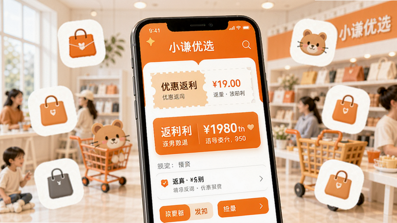 小谦优选是一款购物返利应用,界面以橙色和白色为主,展示手机屏幕上有优惠券和返利金额,背景是购物场景,商品图标围绕,风格清新现代,细节清晰。