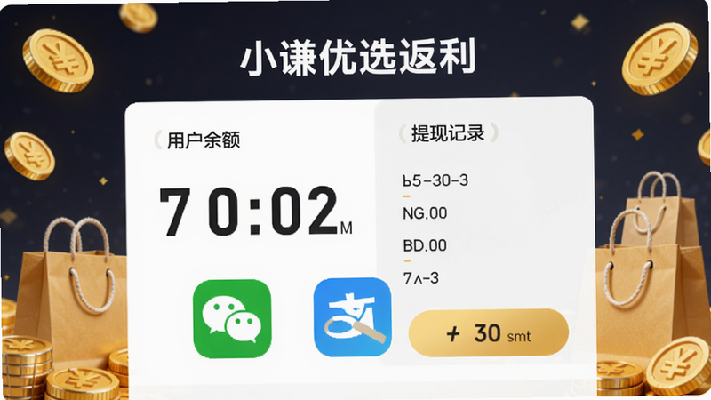 小谦优选返利页面,显示用户余额和提现记录,有微信和支付宝图标,数字醒目,背景为金币和购物袋元素,风格简约。