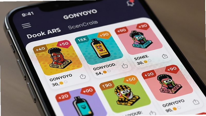 A close-up of GONYOYO app showing a list of products with discount tags, vibrant colors, modern UI, realistic smartphone screen, 8k.