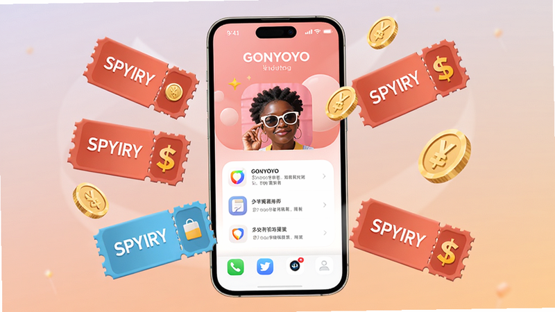 A detailed illustration showing the GONYOYO app interface on a smartphone, with floating coupons and coins around it, background soft gradient, high quality, 4k.