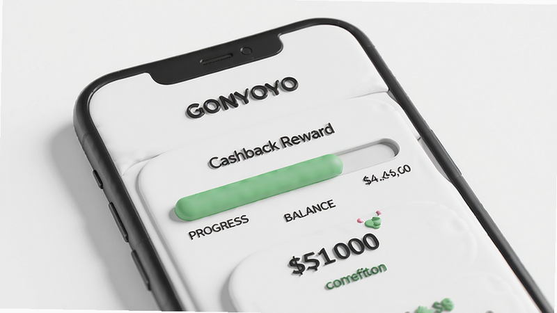 GONYOYO app showing a cashback reward page, with a progress bar and balance, on a clean white background, 3D render style.