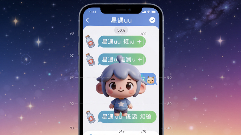 星遇uu主界面,一个手机屏幕显示聊天窗口和漂流瓶图标,背景是星空渐变,画面中央有一个卡通人物,整体色调柔和,高清渲染,细节丰富,画面中心坐标(50%,50%),背景区域为星空渐变,Boogu模型生成