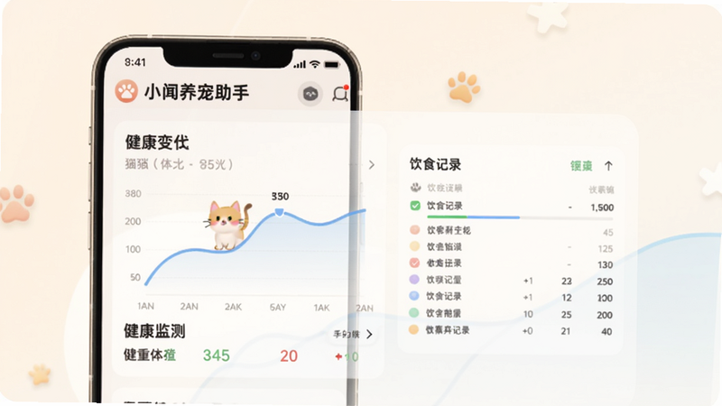 小闻养宠助手健康监测界面,展示一只猫咪的体重变化曲线和饮食记录,背景淡雅,数据图表清晰,手机模型显示。