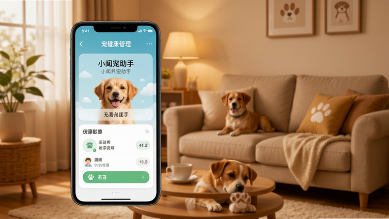 小闻养宠助手主界面截图,手机屏幕显示宠物健康管理功能,背景为温馨家庭环境,暖色调,界面简洁清晰。