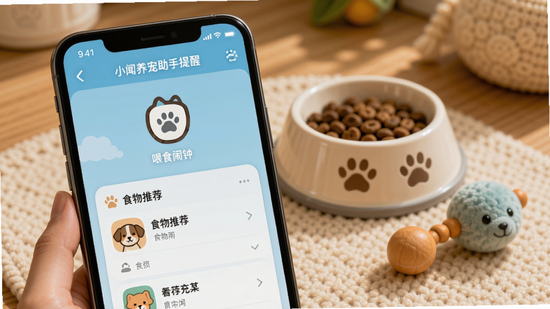 小闻养宠助手提醒界面,手机屏幕上显示喂食闹钟和食物推荐列表,背景有宠物食盆和玩具,温馨生活场景。