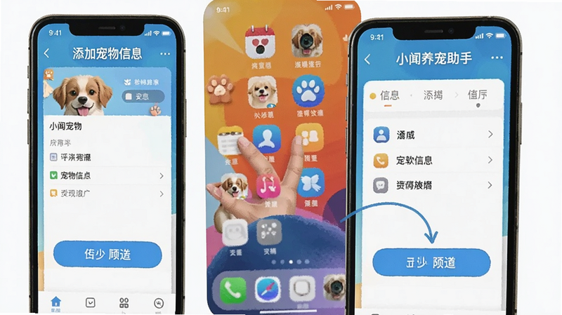 小闻养宠助手使用教程手机截图,展示如何添加宠物信息,界面操作步骤分步显示,背景为手机桌面,主题明快。