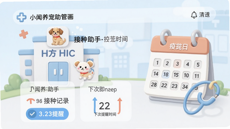 小闻养宠助手疫苗管理页面,显示狗狗的接种记录和下次提醒时间,背景有宠物医院图标和日历,简洁明快。