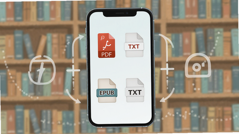 简阅读导入多种格式书籍的示意图,手机屏幕上显示EPUB、PDF、TXT等文件图标,背景为书架网格,色调清新,突出兼容性。