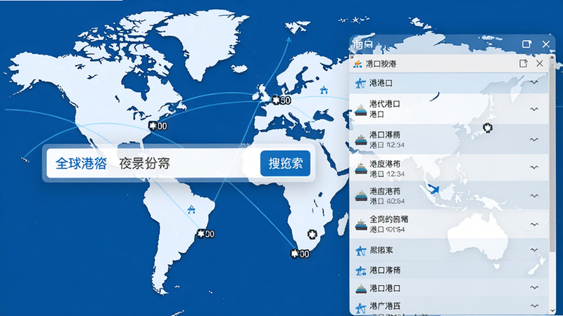 全球港软件主界面预览图,背景为世界地图与港口坐标,前景展示搜索框与港口列表,画面清晰明亮,色调以蓝色和白色为主,突出专业与高效。