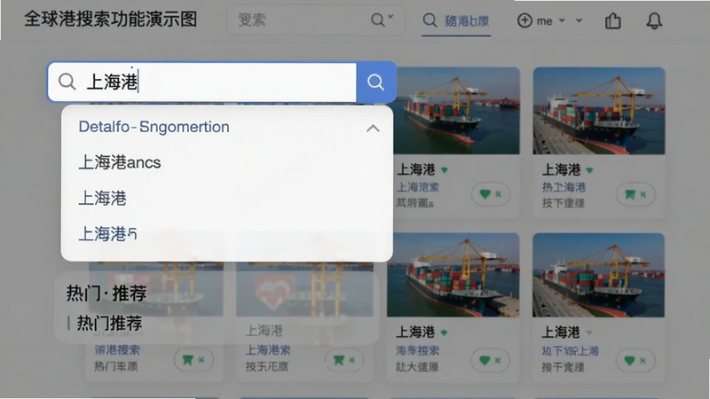 全球港搜索功能演示图,搜索框内输入“上海港”,下方弹出联想词列表和热门推荐,背景为搜索结果页,包含多个港口卡片。