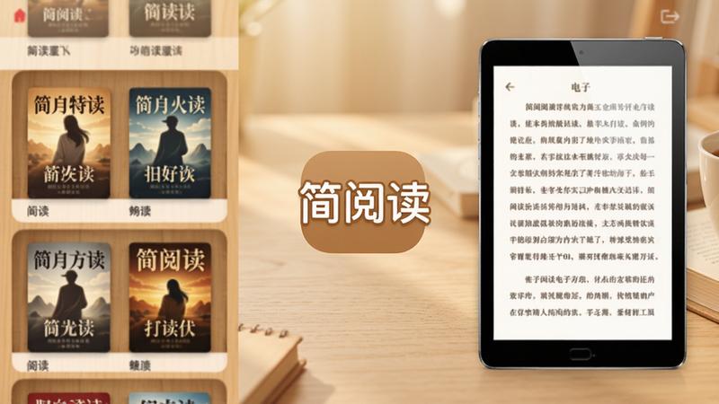 简阅读主界面展示,左侧为书架列表,右侧为正在阅读的电子书页面,背景柔和,书架上有几本小说封面,整体色调温暖,突出阅读氛围,画面中心是“简阅读”Logo,背景为浅木纹桌面。