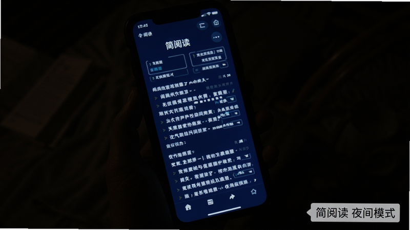 简阅读夜间模式界面,手机屏幕显示深蓝色背景,白色文字,周围环境昏暗,仅手机屏幕发光,突出护眼效果,画面角落有“简阅读 夜间模式”标签。