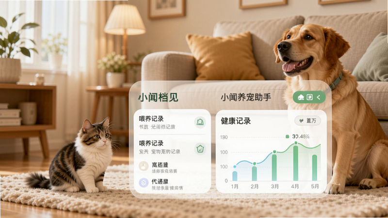 小闻养宠助手APP界面,显示宠物档案、喂养记录、健康图表,背景为温馨客厅有猫咪和狗狗,柔光照明,高清晰度,Boogu模型生成
