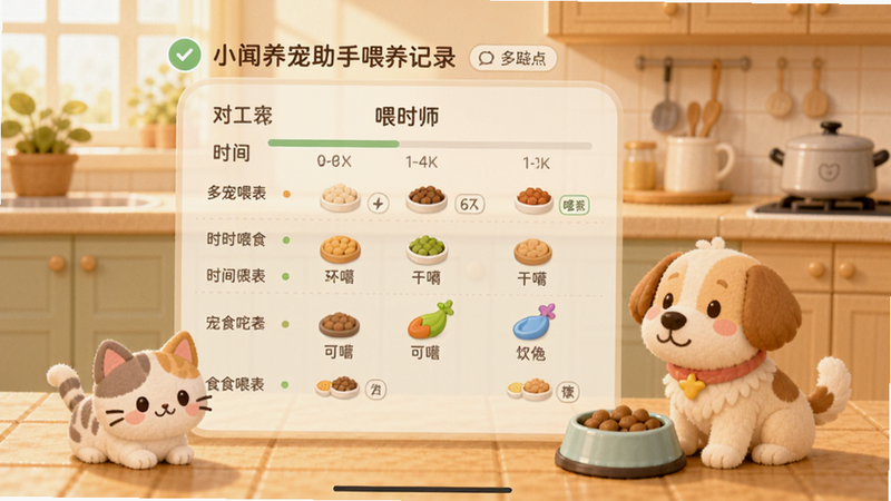 小闻养宠助手喂养记录界面,显示多宠喂食时间表与食物图标,猫咪和狗狗在食盆旁边,温馨厨房背景,Boogu模型生成