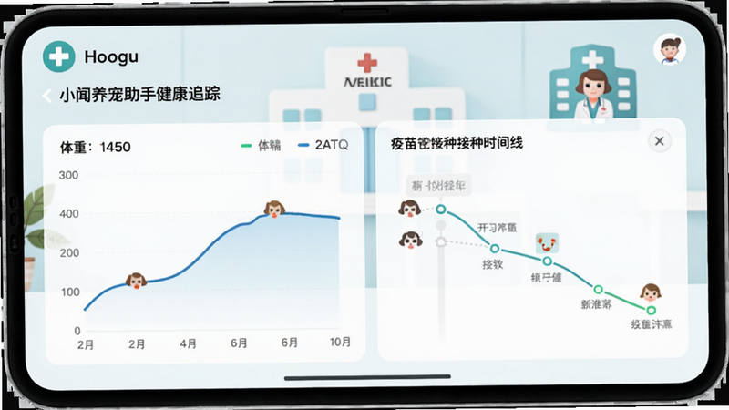 小闻养宠助手健康追踪界面,显示体重曲线图和疫苗接种时间线,背景有兽医院图标,简洁数据可视化,Boogu模型生成