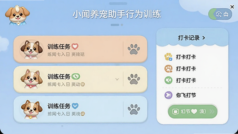 小闻养宠助手行为训练界面,显示训练任务列表和打卡记录,卡通宠物图案,柔和色彩,Boogu模型生成