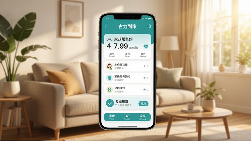 画面中央展示古力到家APP的智能手机界面,手机屏幕显示家政服务预约页面,背景为温馨整洁的客厅环境,有沙发、绿植和阳光透过窗户洒入,整体色调明亮温暖,突出便捷、专业、家庭场景,画质细腻,构图清晰