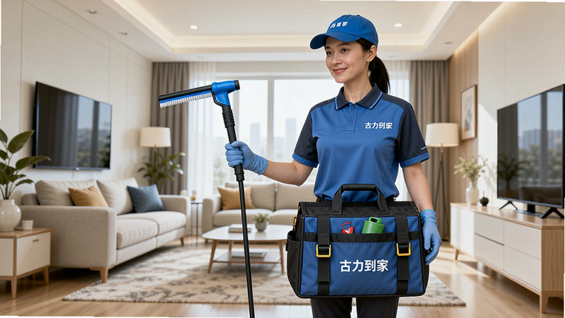 古力到家服务人员统一穿着制服、手持专业清洁工具在客厅工作的场景,工具包上印有古力到家Logo,背景为干净明亮的居室,画面突出专业、规范和安全保障