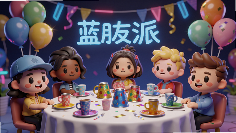 蓝友派对主界面卡通派对场景,画面中央是一群卡通角色围坐在虚拟圆桌前,背景是彩色气球和霓虹灯,整体明亮活泼,色彩饱和度高,画面细节丰富,适合Boogu模型生成