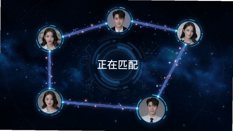 蓝友派对匹配界面,圆形头像排列成星座形状,连接线闪烁,背景是星空,中央显示“正在匹配”,风格科技感,适合Boogu模型生成