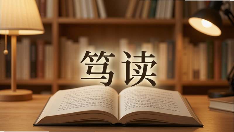 画面以一本打开的电子书为中心,背景是柔和的木质书架和暖色灯光,书页上浮现出“笃读”二字,整体风格宁静温馨,突出阅读氛围。