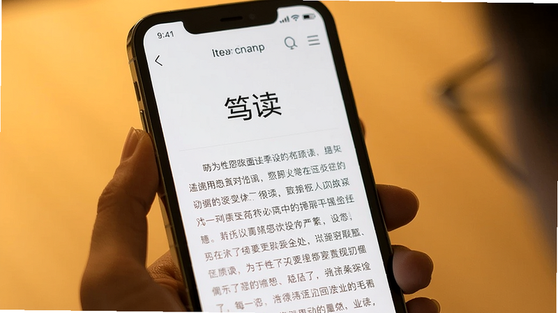 一个用户手持手机,屏幕展示笃读的阅读界面,文字清晰,背景为暖黄色,状态栏消失,画面重点突出沉浸感和舒适感。