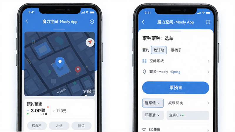 一张魔力空间-Mooly App场馆预约界面的截图风格图片,突出显示地图导航和票种选择功能,画面简洁清晰,带有科技感蓝色调,适配Boogu模型