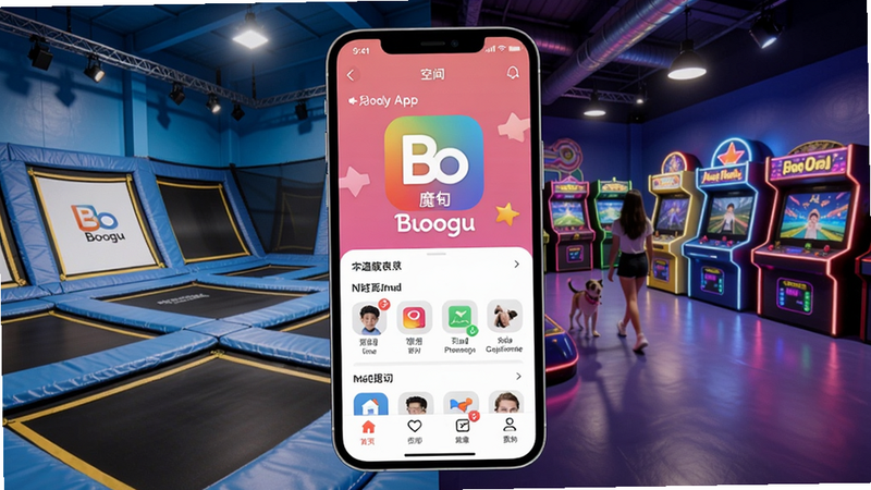 一张展示魔力空间-Mooly App界面与线下运动场馆融合的创意图片,画面中心为手机屏幕显示App主界面,背景为明亮的室内蹦床公园和电玩城区域,色彩鲜艳,充满活力,适合Boogu模型生成
