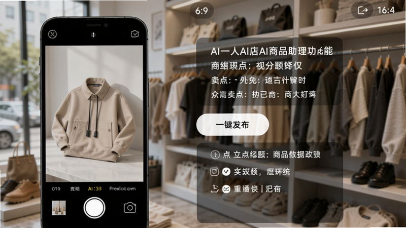一人AI店AI商品助理功能截图,左侧是手机拍摄的商品图片,右侧是AI自动生成的商品标题和卖点列表,中间有“一键发布”按钮,背景有商品货架虚化效果,画面比例16:9,明亮自然光