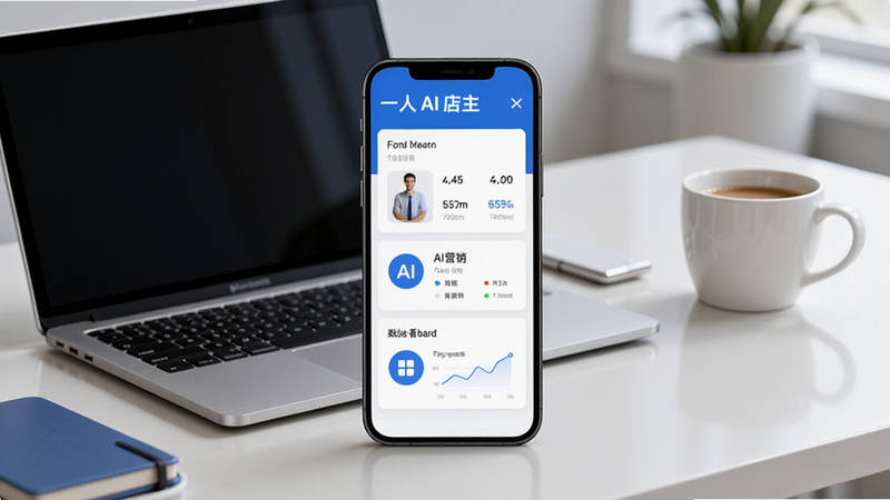 一人AI店主界面展示,手机屏幕中显示商品管理、AI营销和数据看板三大核心模块,背景为简约商务办公桌,有笔记本电脑和咖啡杯,整体色调蓝白清爽,细节清晰,适配Boogu模型生成