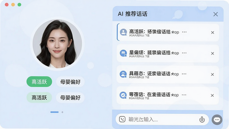 一人AI店客户画像界面,左侧显示客户头像和标签如“高活跃”、“母婴偏好”,右侧是AI推荐的话术列表,底部有聊天输入框,背景为淡蓝色商务风格,画面清晰简洁