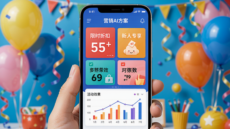 一人AI店营销方案推荐界面,手机屏幕上显示多个营销活动卡片,如“限时折扣”、“新人专享”等,底部有数据图表展示活动效果,背景为促销场景气球和彩带,色彩鲜艳活泼,整体为移动端UI设计