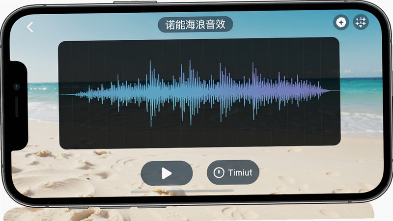 诺能海浪音效界面:手机屏幕上显示音效选择列表,波形图动态跳动,背景是浅色沙滩,下方有播放和定时按钮,光影自然,细节丰富