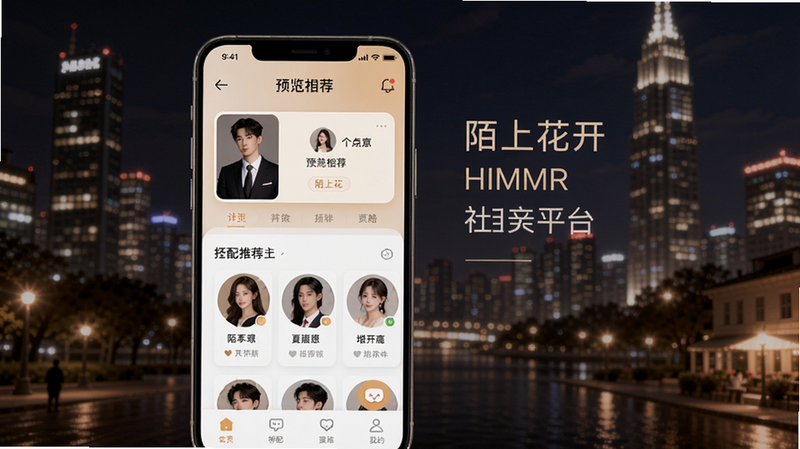 陌上花开HIMMR 社交相亲平台界面预览图,背景为都市夜景,画面中央展示手机App主界面,有个人资料卡和匹配推荐列表,色彩柔和温暖,突出高端社交氛围